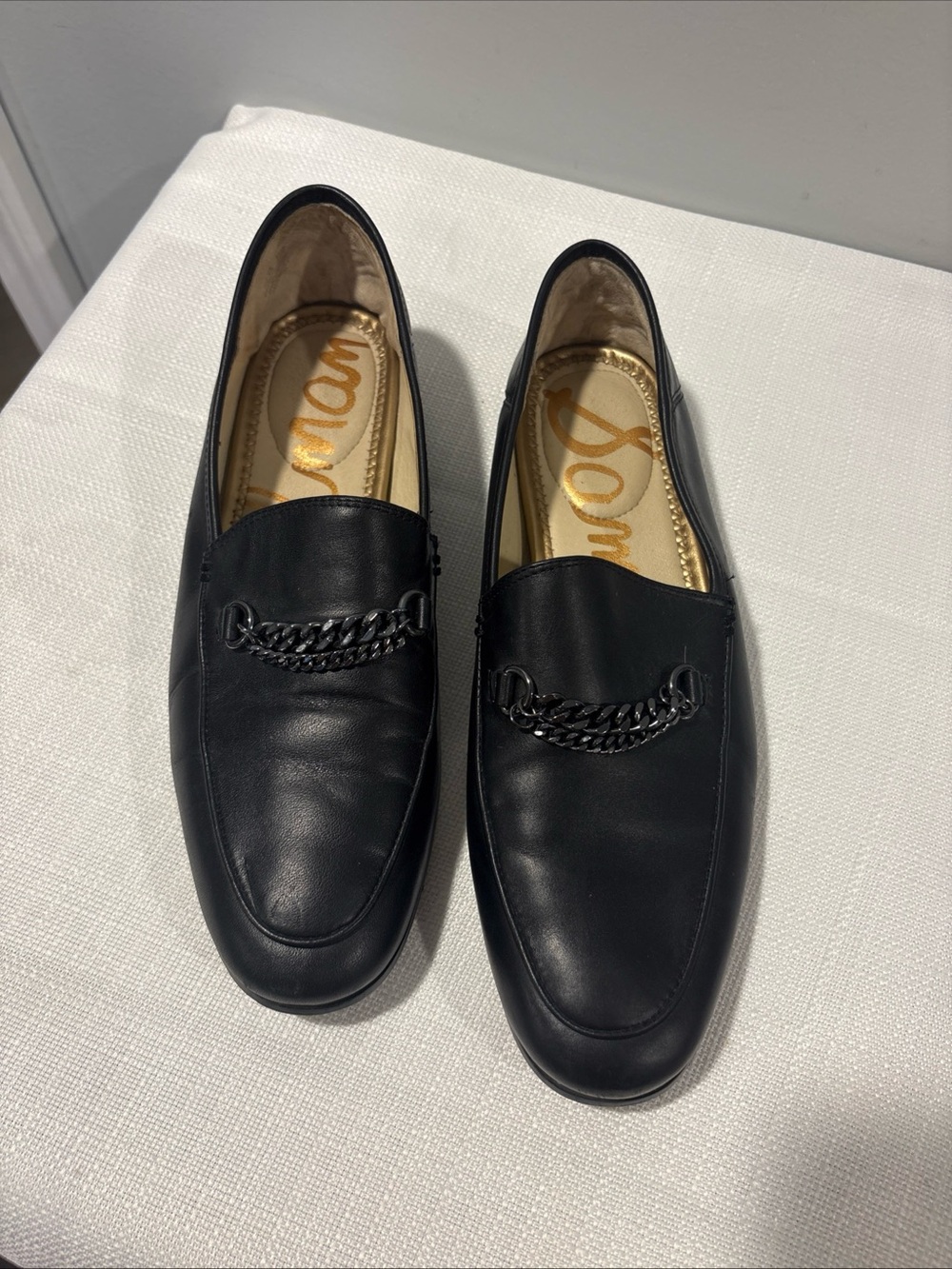 Sam Edelman Black Leather Chain-Trim Slip-On Loafers
